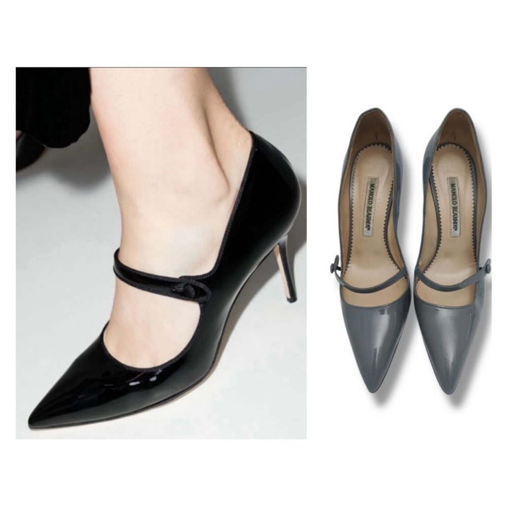 Manolo Blahnik Black Patent Mary Jane Pointed-Toe Pumps